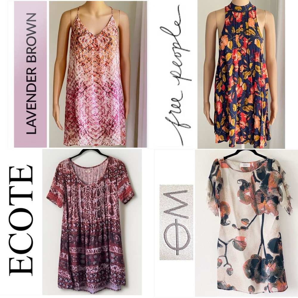 Lot of 4 dresses | FREE PEOPLE | ECOTE | SILK LAVENDER BROWN | OM | Bundle SZ XS